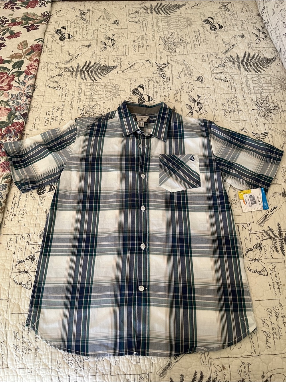 Volcom Boy’s Short-Sleeve Plaid Button-Down Shirt - White/Blue/Gray